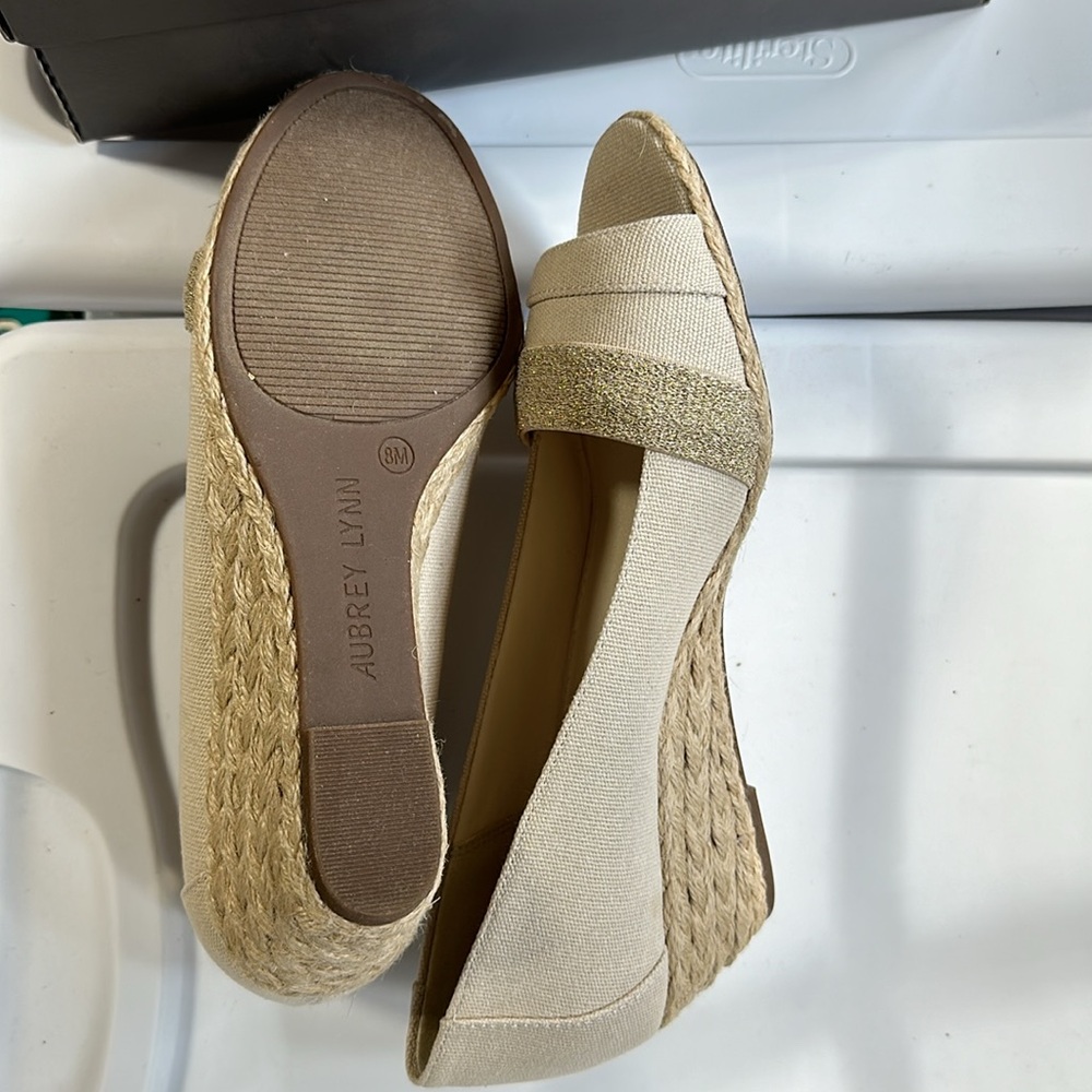 NIIB Aubrey Lynn AL Patricey Natural Champagne Canvas Glitter Wedge Shoes